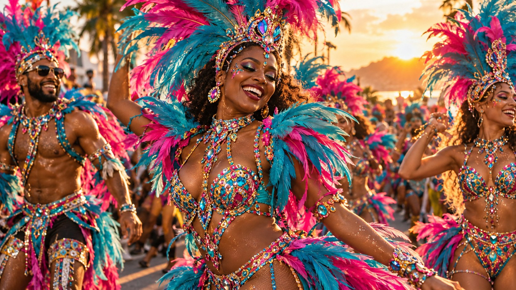 Illustratief sfeerbeeld van danseressen bij een Caribische carnavalsparade